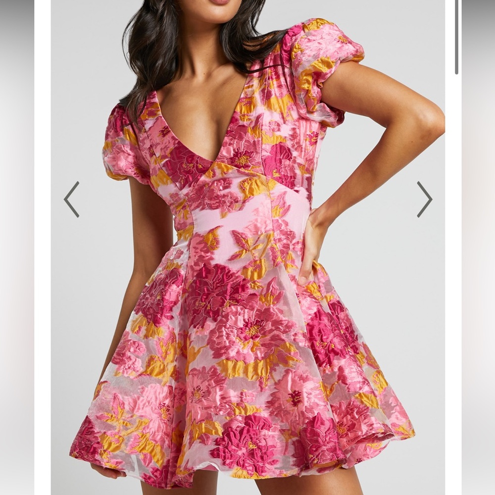 SHOWPO BRAILEY JACQUARD MINI DRESS - PUFF SLEEVE DRESS IN PINK